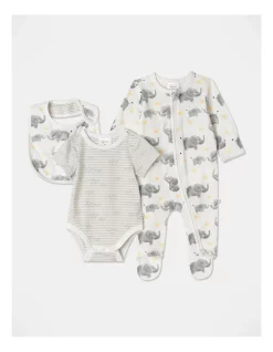 Hot Sale π Sprout Essential Elephant 3Pc Bodysuit Coverall Bib Set In White βοΈ