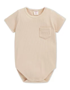 New ???? Seed Heritage Logo Rib Bodysuit In Beige ????