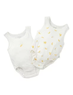 Budget π Little Green & Co 2 Pack Banana Print Sleeveless Bodysuit In White π