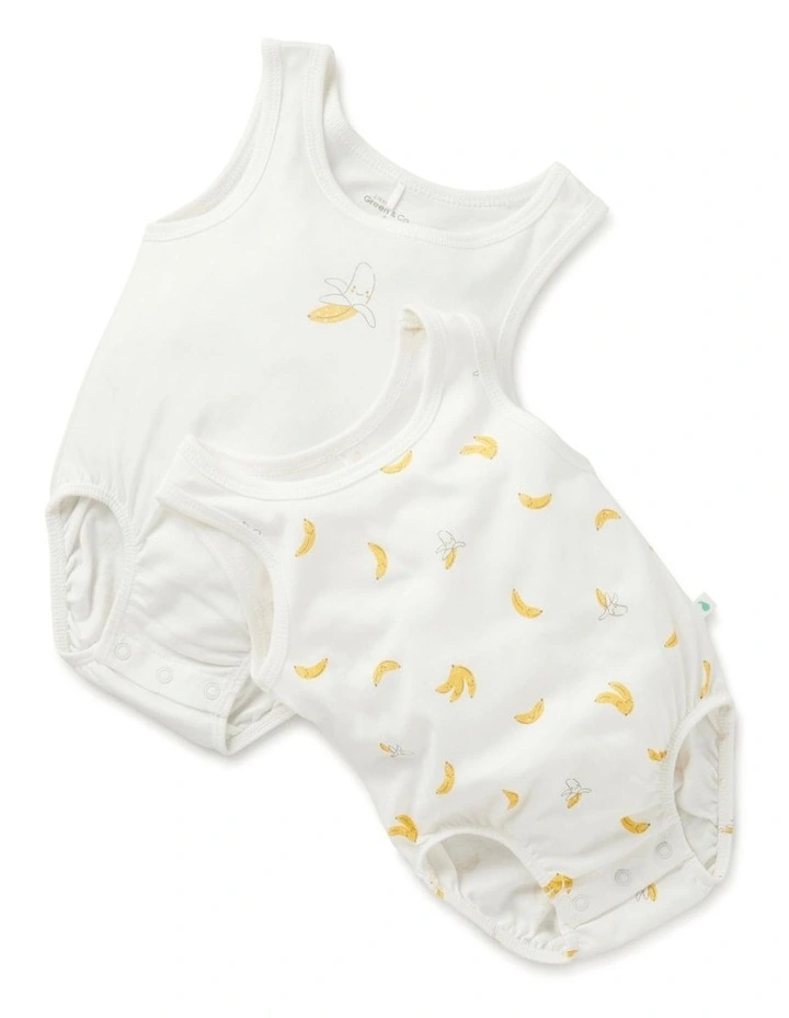 Budget π Little Green & Co 2 Pack Banana Print Sleeveless Bodysuit In White π - Image 2