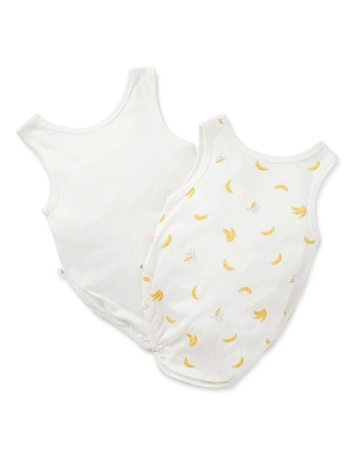 Budget π Little Green & Co 2 Pack Banana Print Sleeveless Bodysuit In White π - Image 3