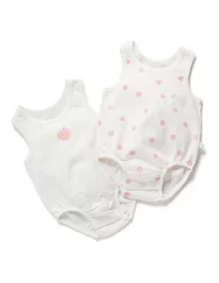 Hot Sale โ Little Green & Co Peach Print Milk Sleeveless Bodysuit White 2 Pack โ