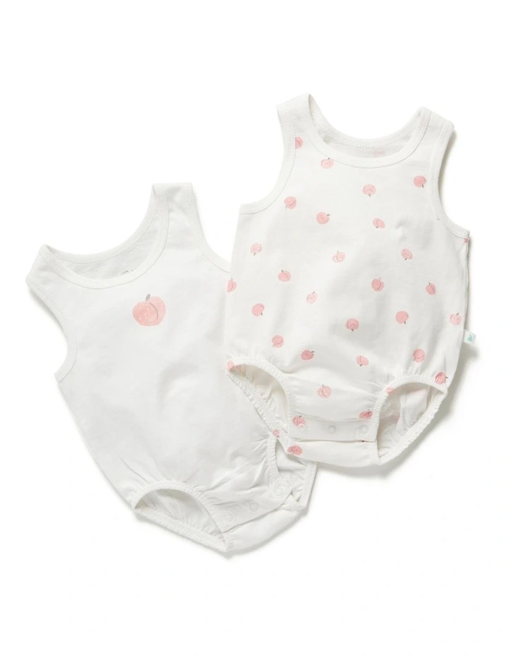Hot Sale ⌛ Little Green & Co Peach Print Milk Sleeveless Bodysuit White 2 Pack ⌛