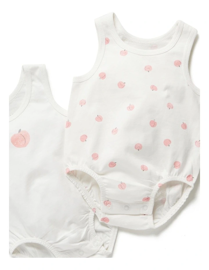 Hot Sale ⌛ Little Green & Co Peach Print Milk Sleeveless Bodysuit White 2 Pack ⌛ - Image 5